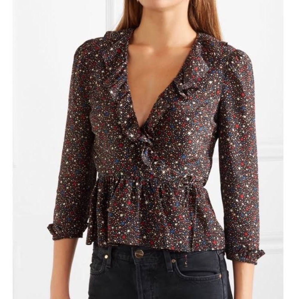 Madewell silk ruffle hem wrap top in starry night